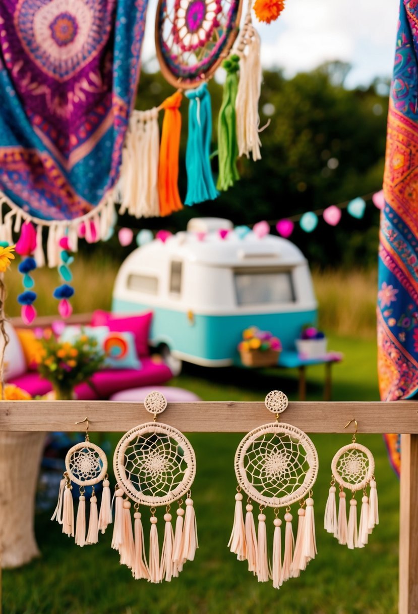 A whimsical outdoor wedding with colorful tapestries, dreamcatchers, and a vintage caravan serving as a bohemian backdrop for showcasing quirky boho fringe earrings