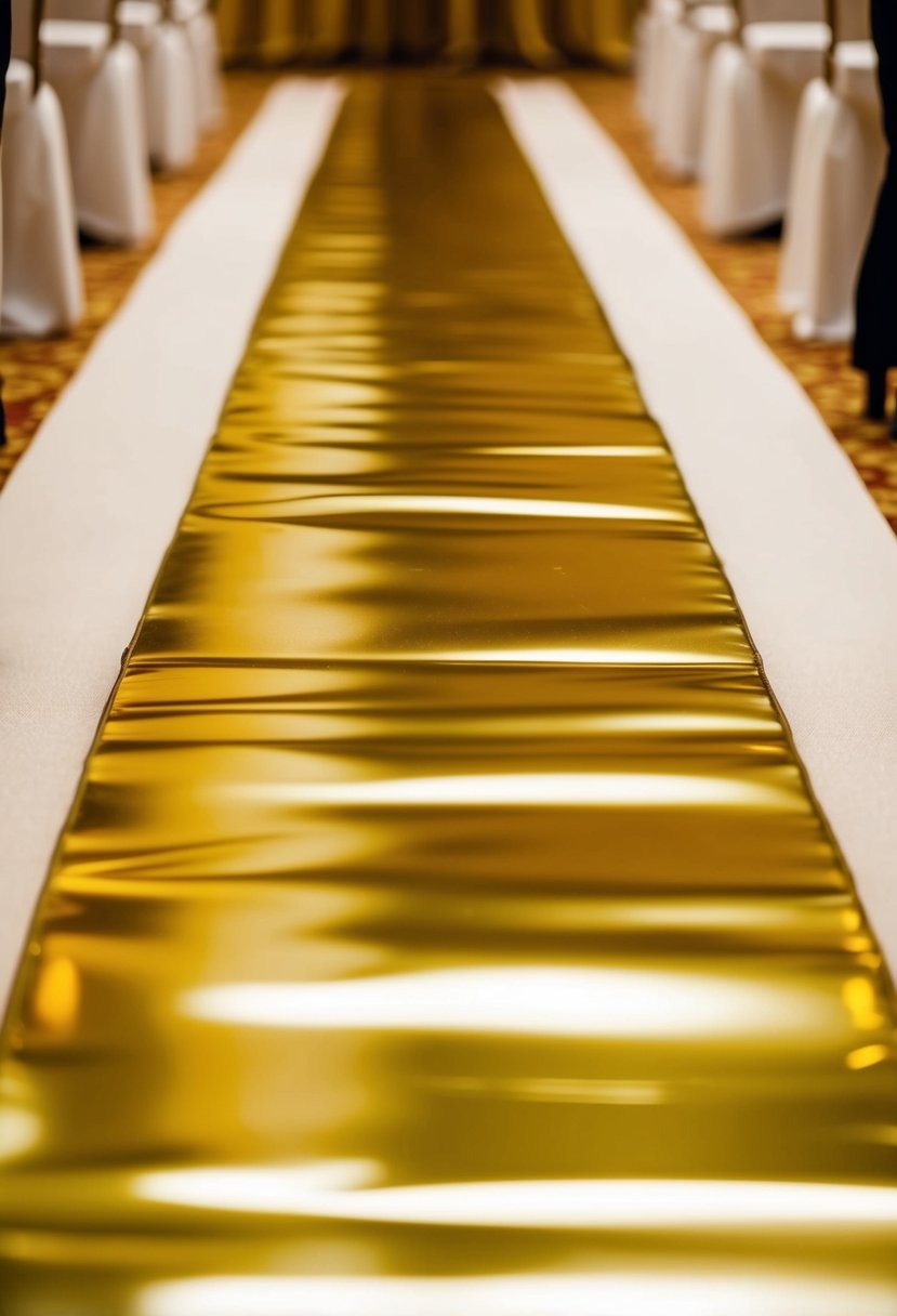 A golden glossy runner stretches down the aisle, reflecting the soft light of the wedding venue