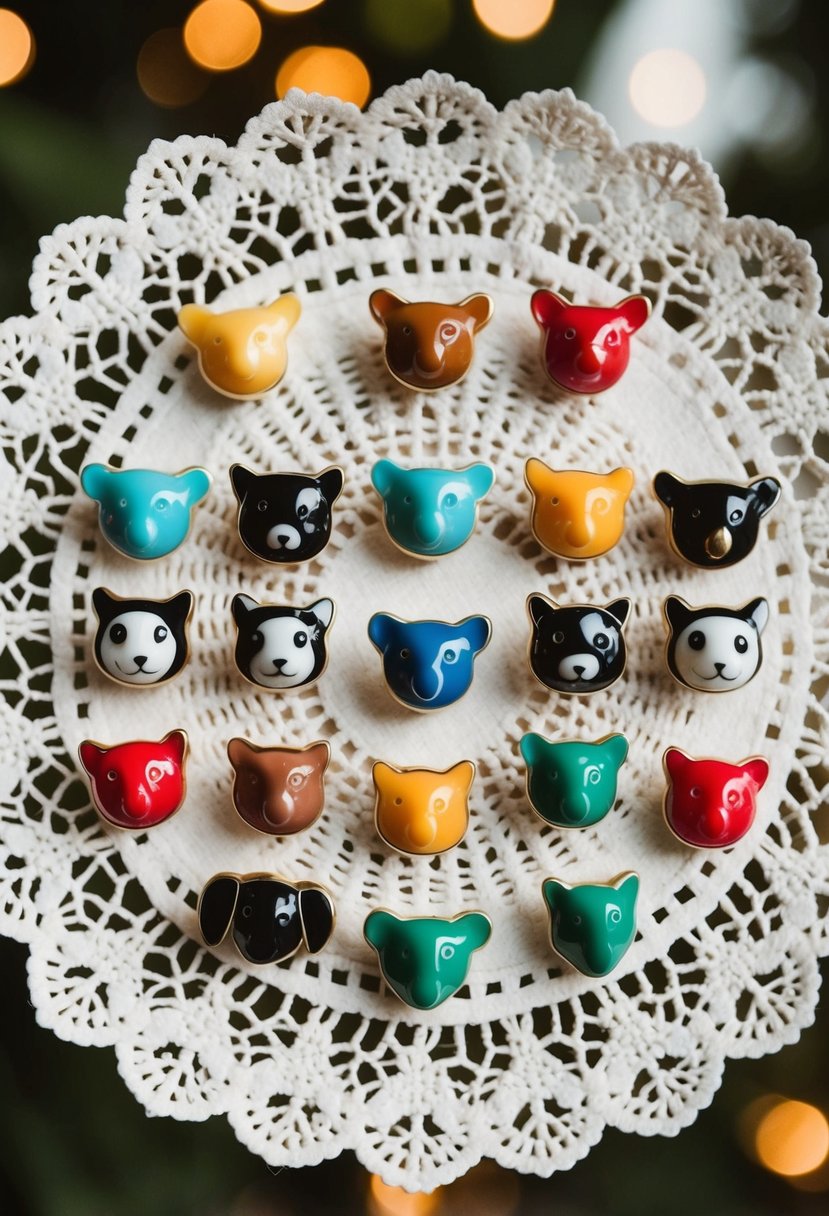 A whimsical array of animal-shaped studs arranged on a vintage lace doily