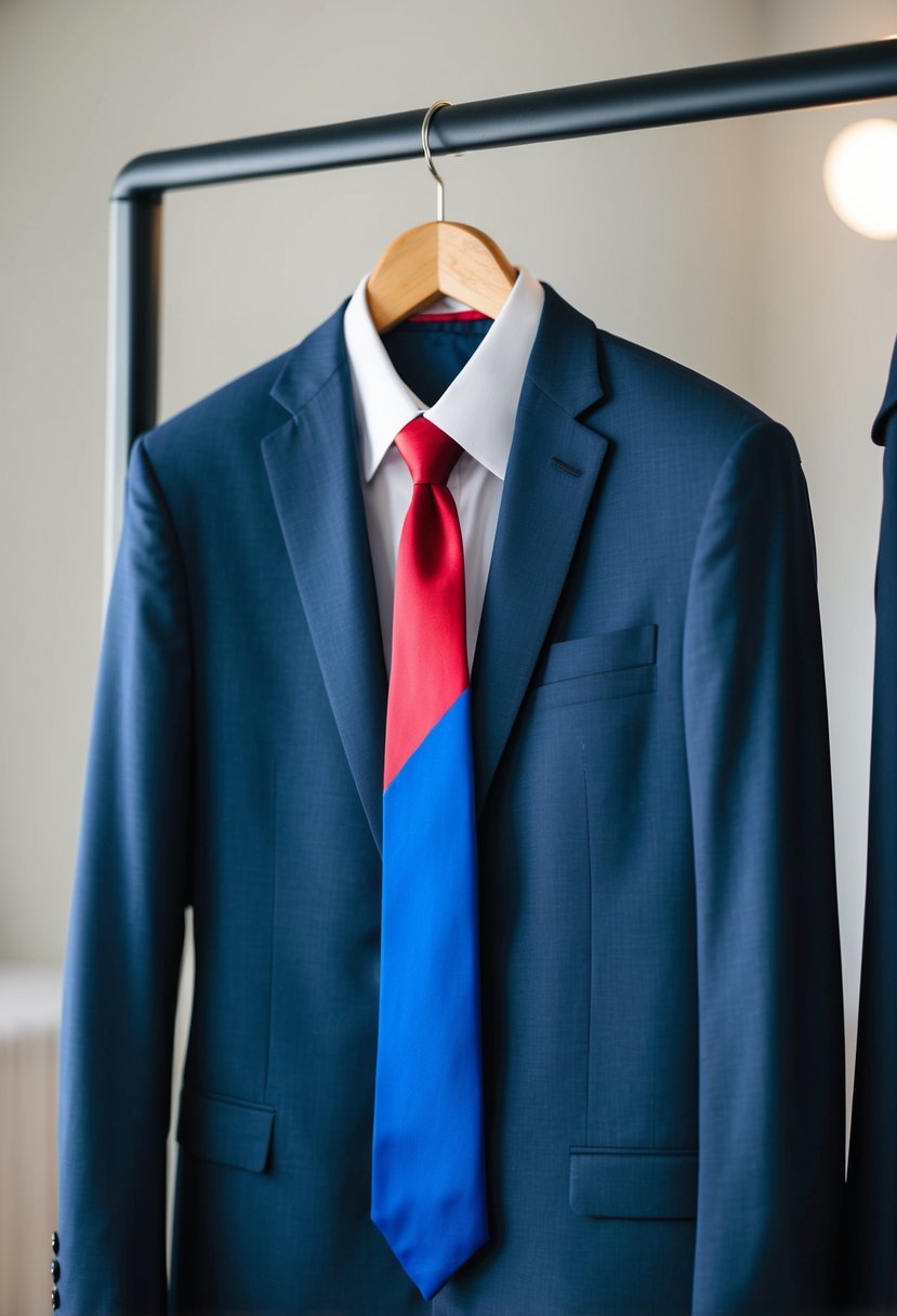 A formal suit with a bold tie hanging on a wooden hanger in a well-lit room