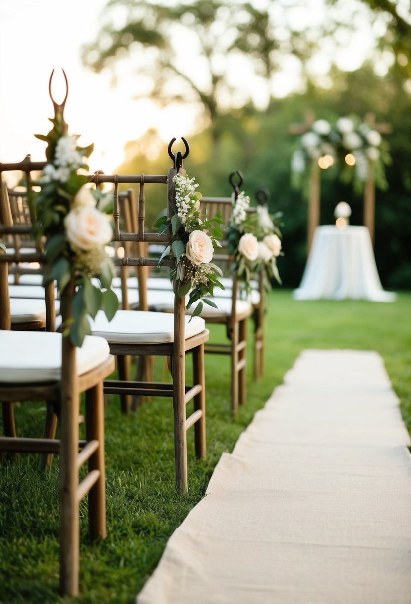 A rustic wedding aisle with shepherd hooks adorned with floral décor, leading to a romantic ceremony setting