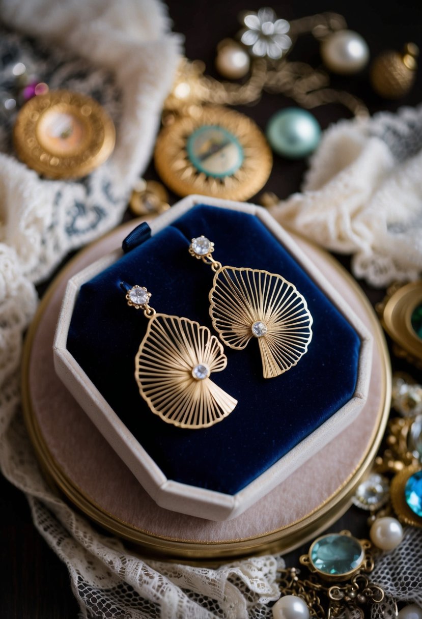 A pair of Art Deco fan earrings displayed on a velvet cushion, surrounded by vintage trinkets and delicate lace fabric