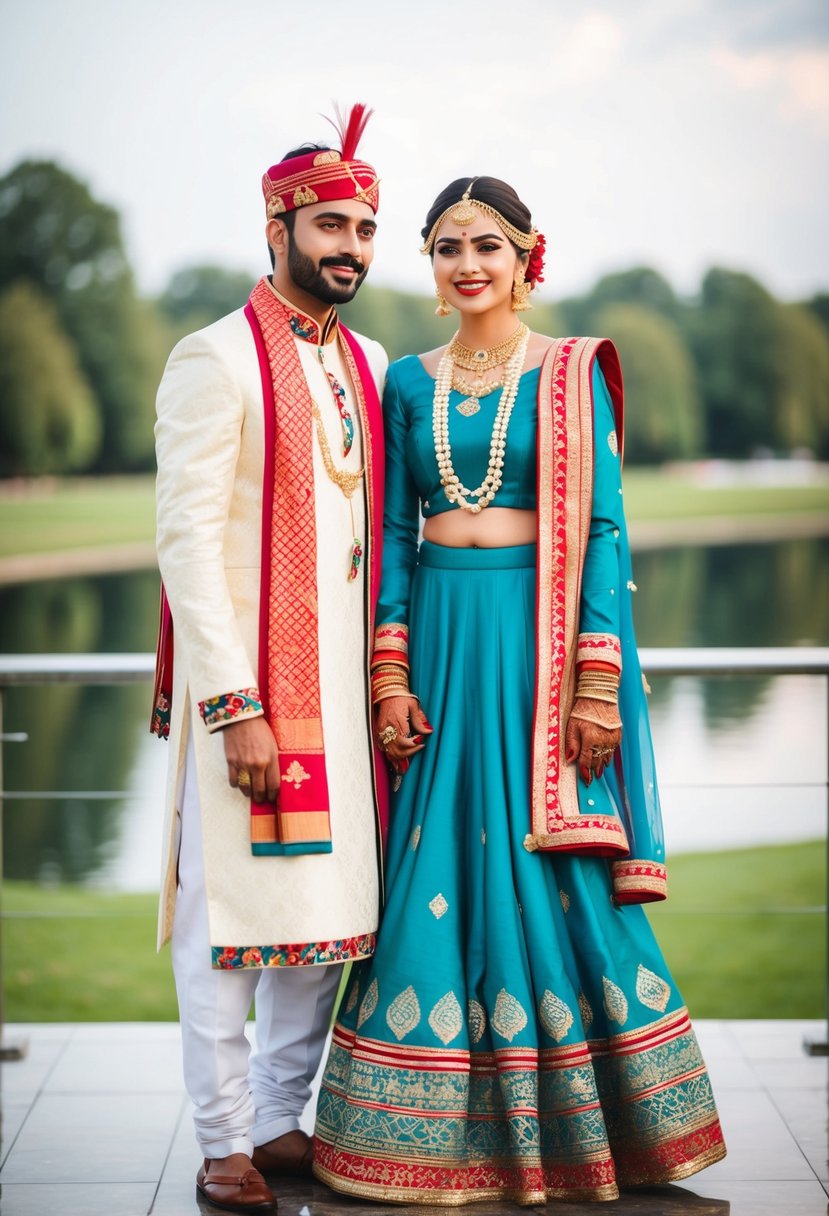 A couple stands side by side, wearing matching traditional attire for their pre-wedding celebration. Vibrant colors and intricate patterns adorn their clothing