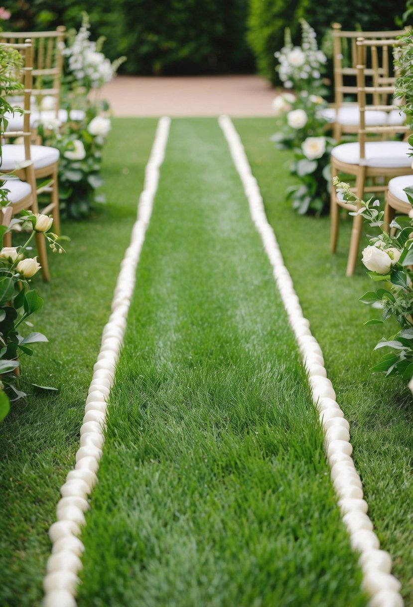 A lush green aisle runner made of sod, winding through a garden with flowers and foliage on either side