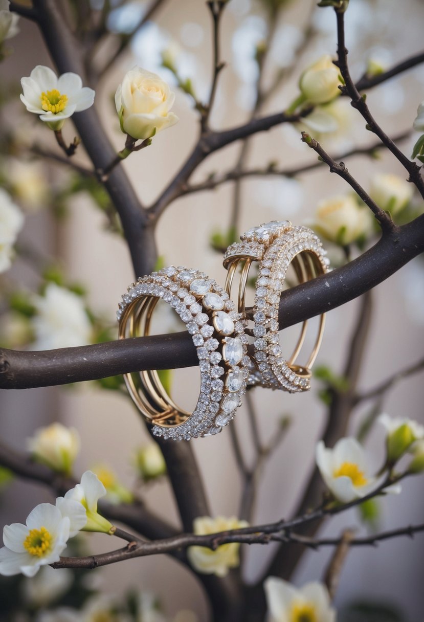 Gem-encrusted ear cuffs arranged on a whimsical display of branches and flowers, creating a dreamy and enchanting atmosphere for a wedding