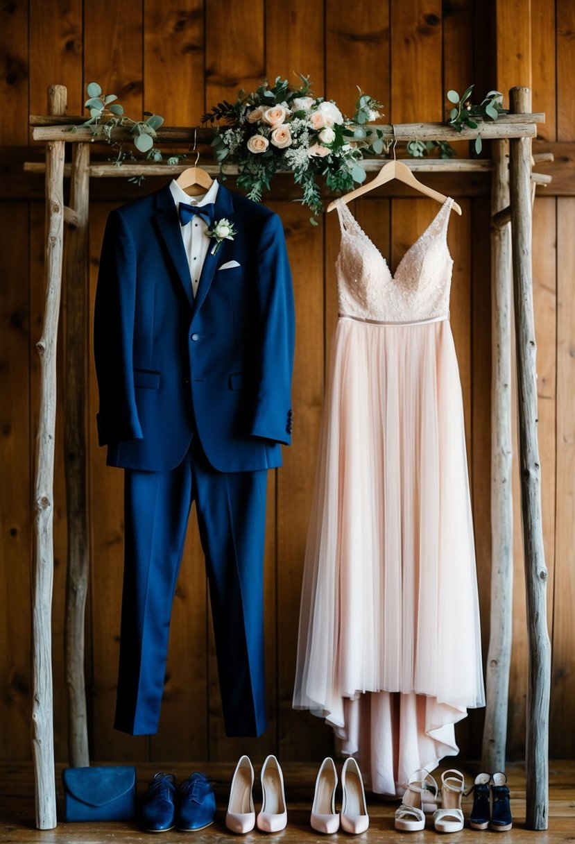 A groom's navy suit and a bride's blush dress hang on a rustic wooden clothes rack, surrounded by matching accessories and shoes