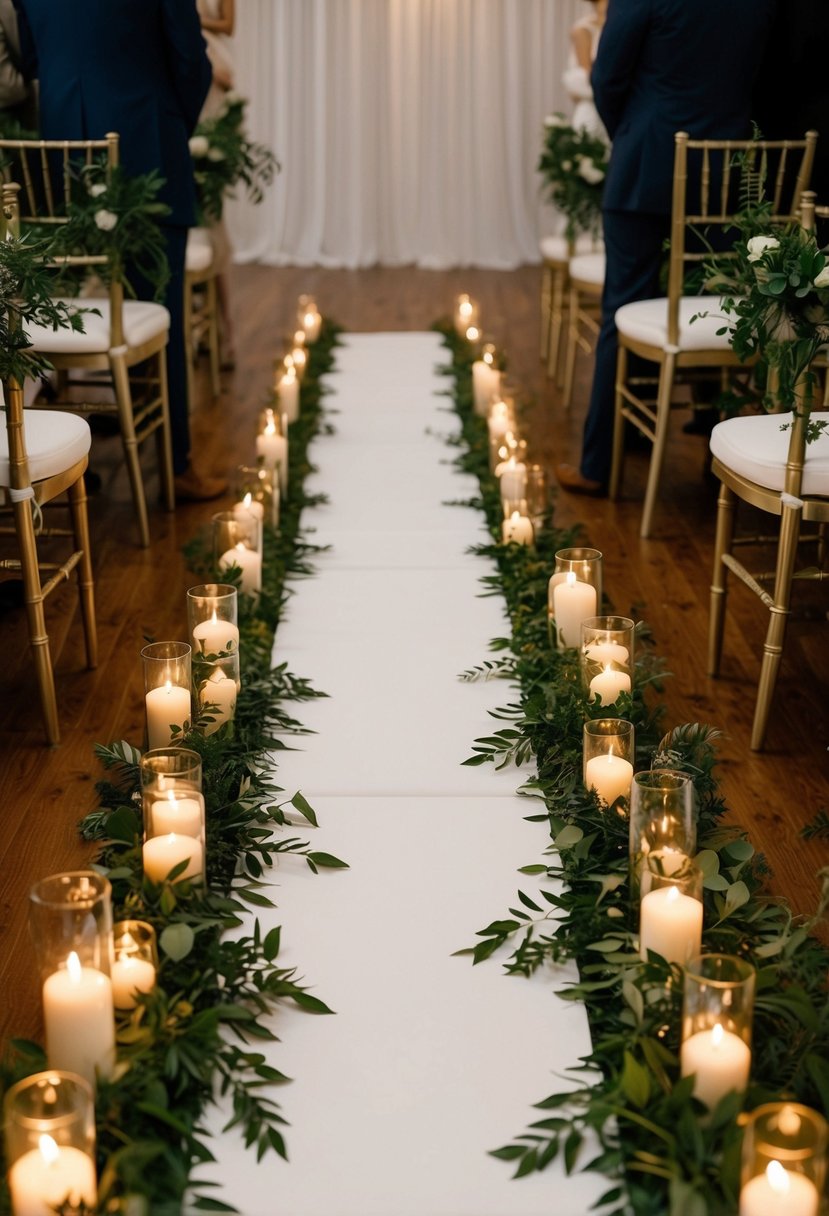 A long white aisle runner lined with flickering candles and lush greenery