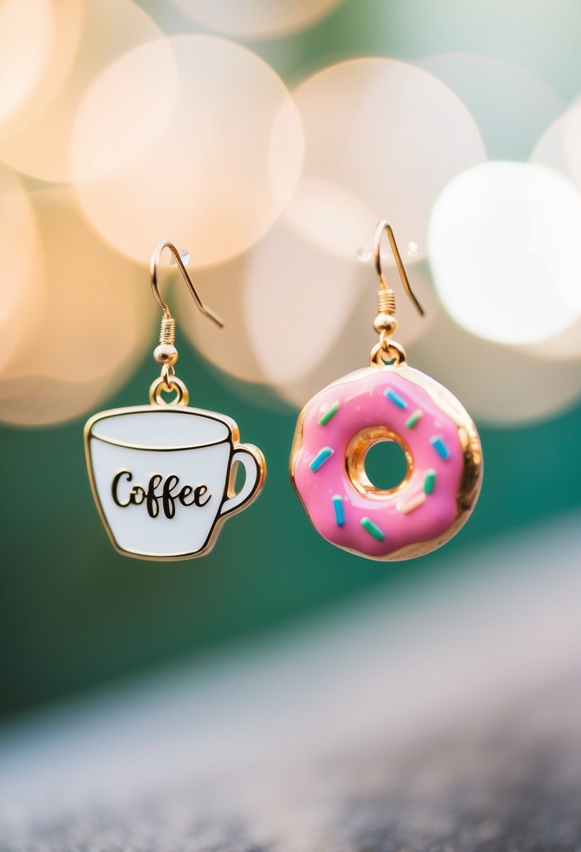 Two earrings: one a coffee cup, the other a donut. A playful and quirky wedding earring set