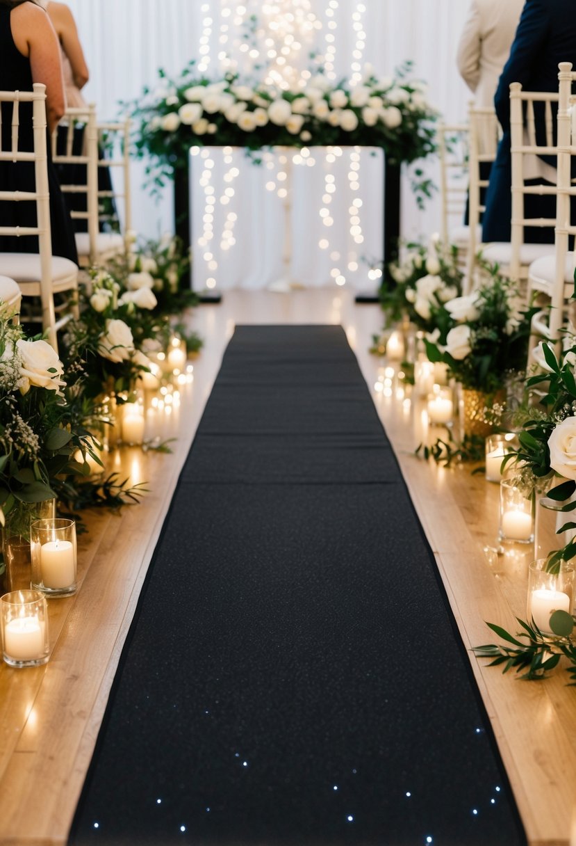 A black glossy aisle runner leading to a wedding altar adorned with elegant floral arrangements and twinkling lights