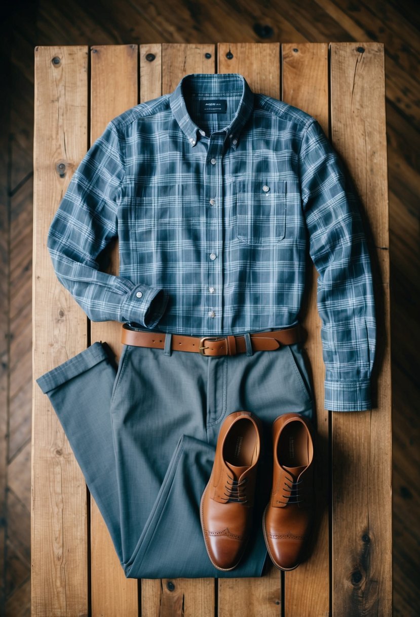 A plaid shirt paired with casual trousers, laid out on a wooden table with a pair of brown leather shoes and a simple belt