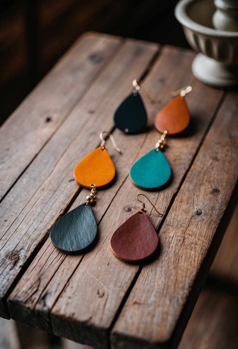 A rustic wooden table adorned with leather teardrop earrings in various colors and designs