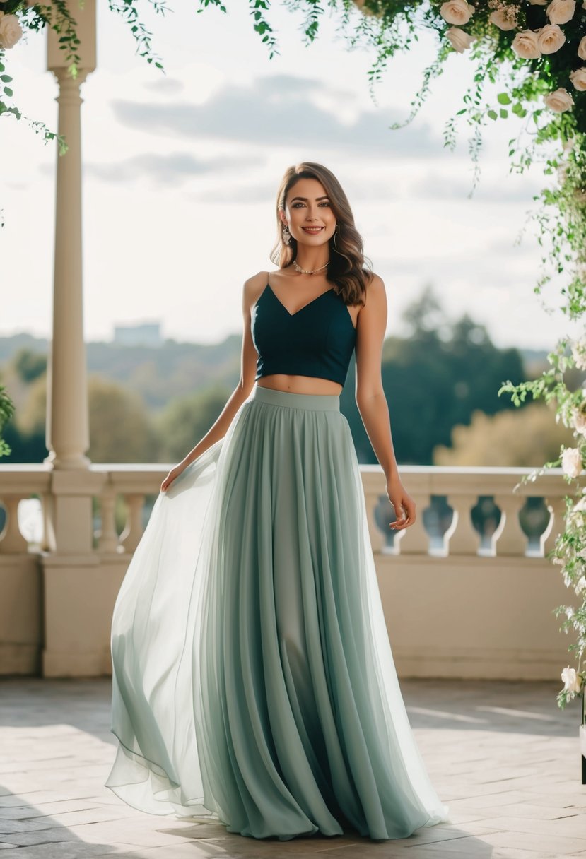 A flowing long skirt paired with a stylish crop top, set against a romantic pre-wedding backdrop