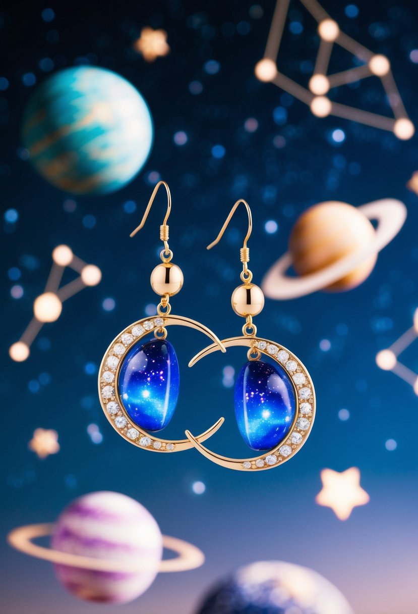 A pair of celestial-themed earrings floating in a starry night sky, surrounded by whimsical planets and twinkling constellations