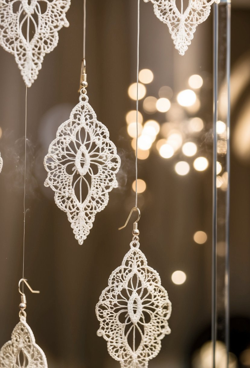 Delicate lace-like filigree earrings dangle from a display, casting intricate shadows in soft, romantic lighting