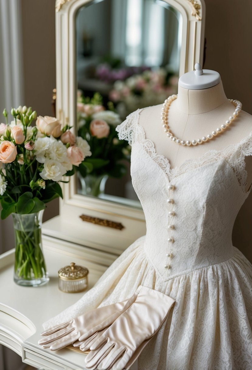 A lace vintage dress, pearl necklace, and gloves on a vanity with a mirror and bouquet of flowers