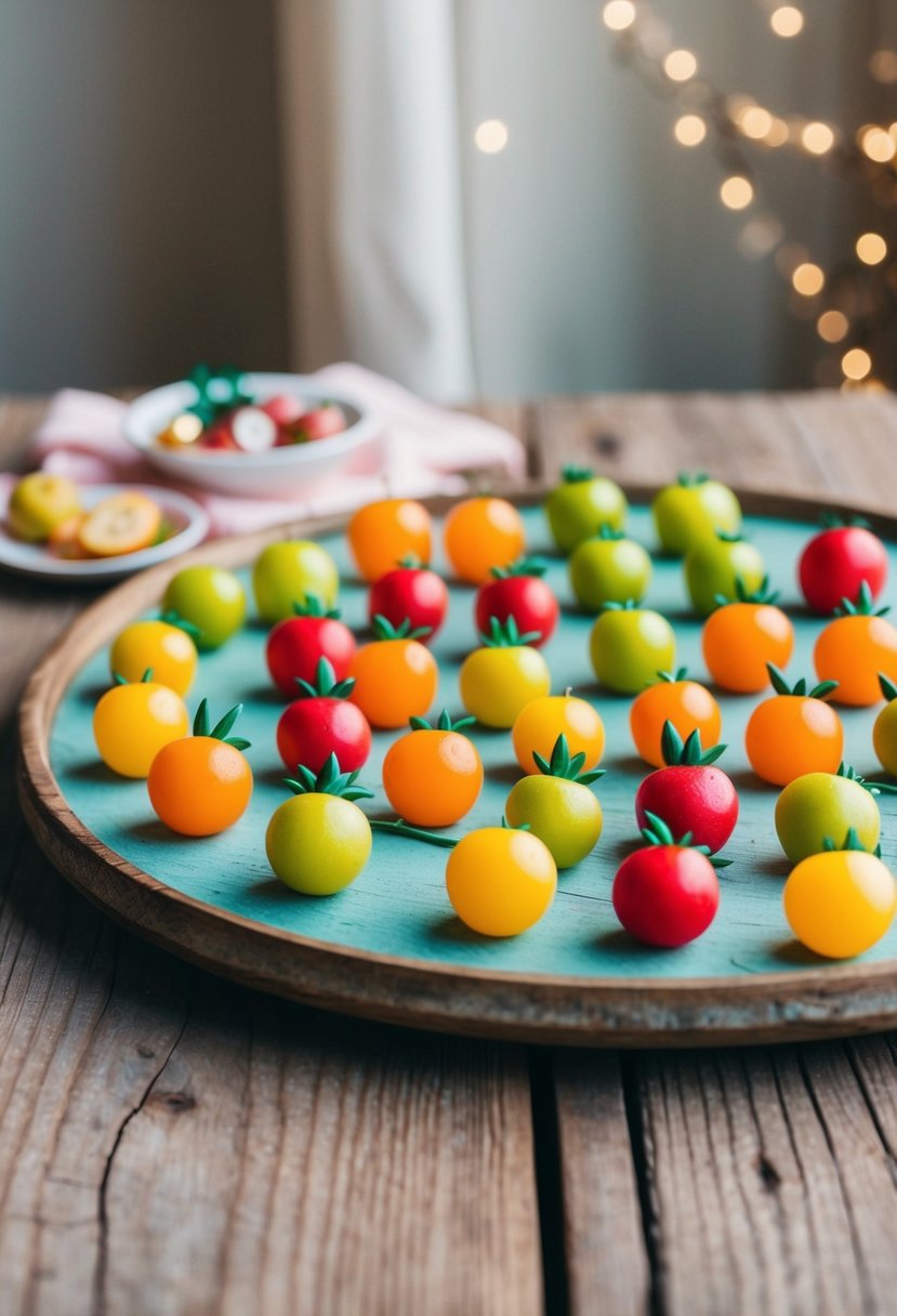 A colorful array of fruit-shaped earrings displayed on a rustic wooden table, with a soft, romantic background setting