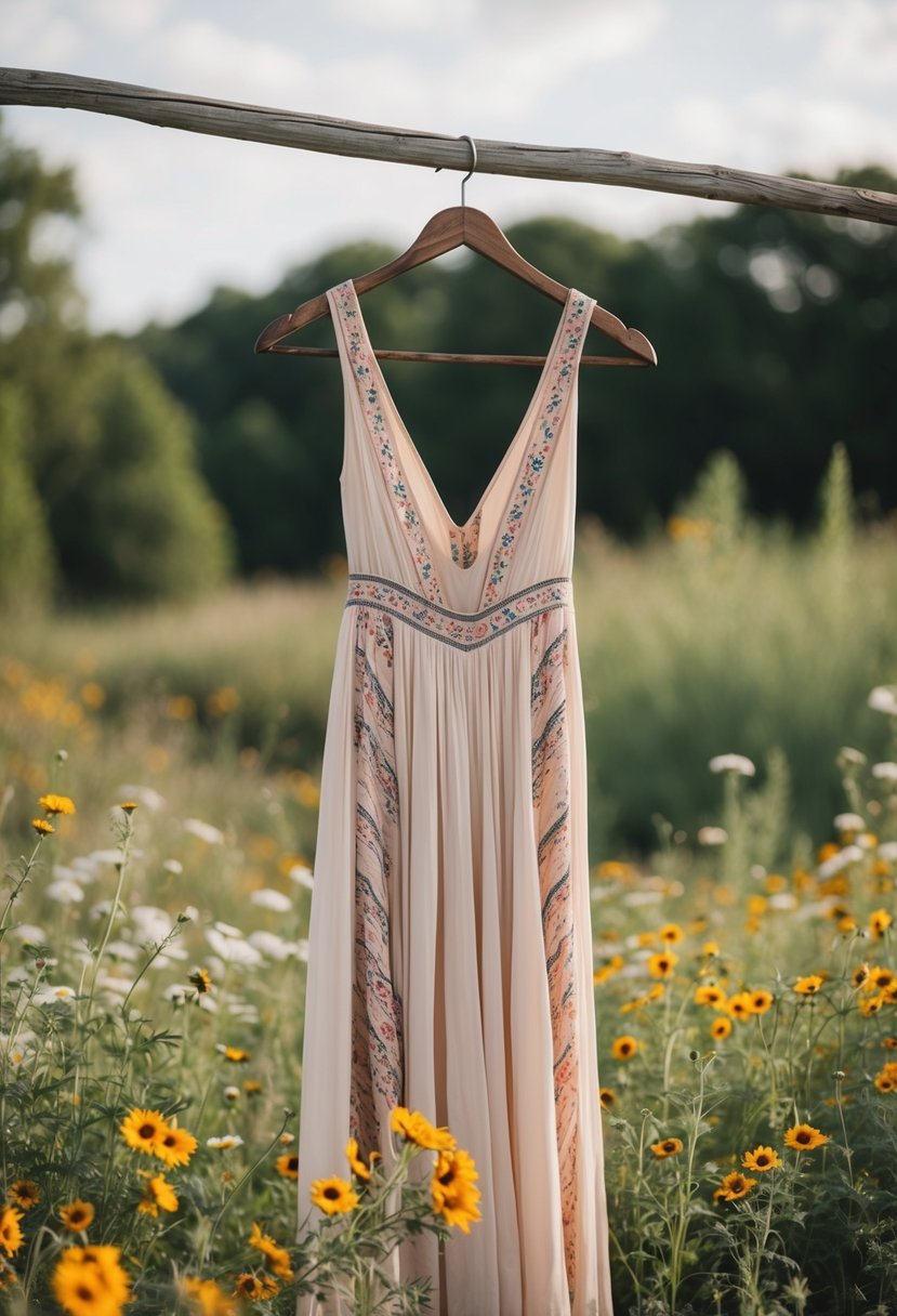 A flowy bohemian dress hanging on a rustic wooden hanger, surrounded by wildflowers and draped fabric