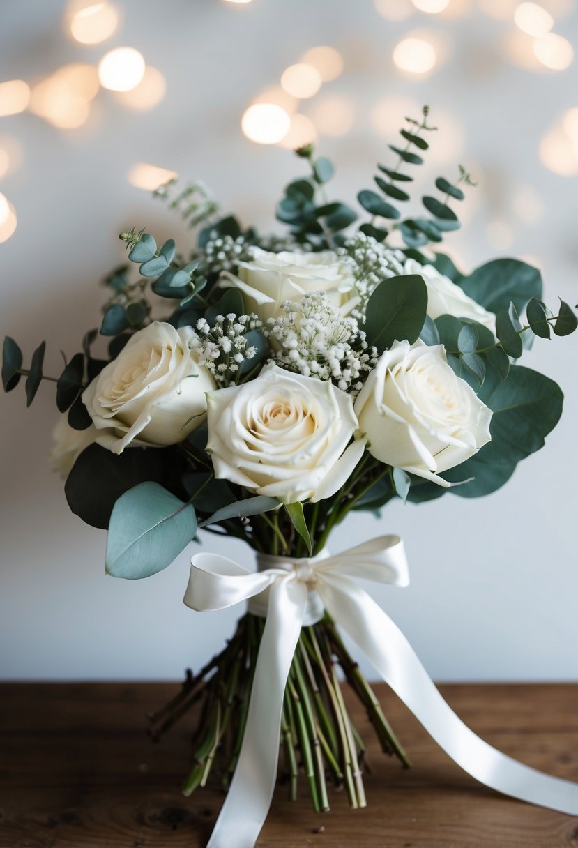 A bouquet of white roses, eucalyptus, and baby's breath tied with a satin ribbon