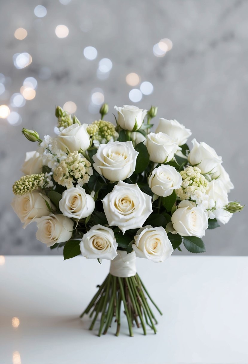 A delicate bouquet of white tea roses and spray roses, arranged in a simple and elegant design