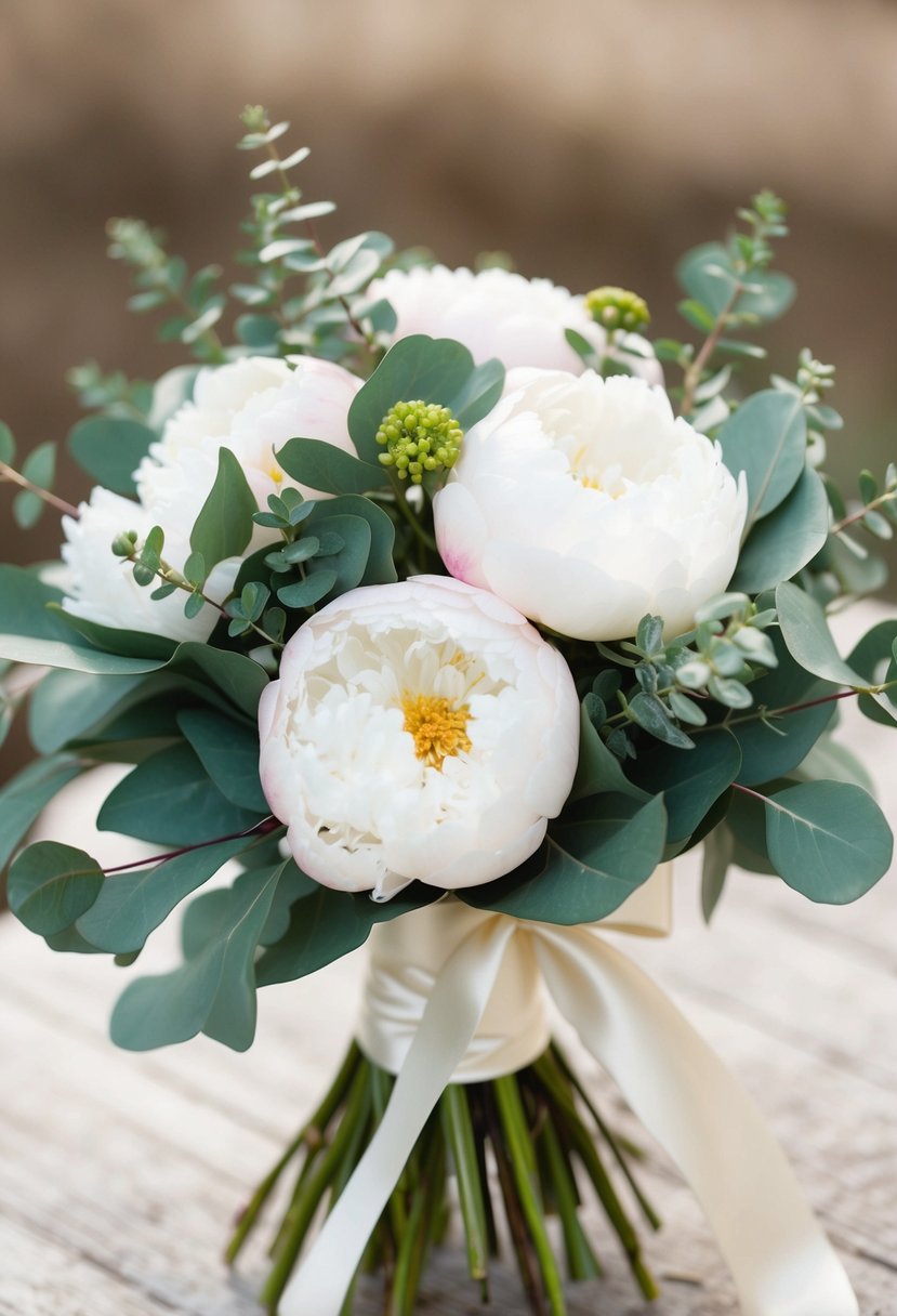 A bouquet of peonies and eucalyptus tied with a satin ribbon