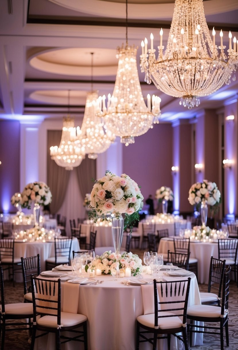 A grand ballroom adorned with elegant floral arrangements and sparkling chandeliers, set for a luxurious wedding reception