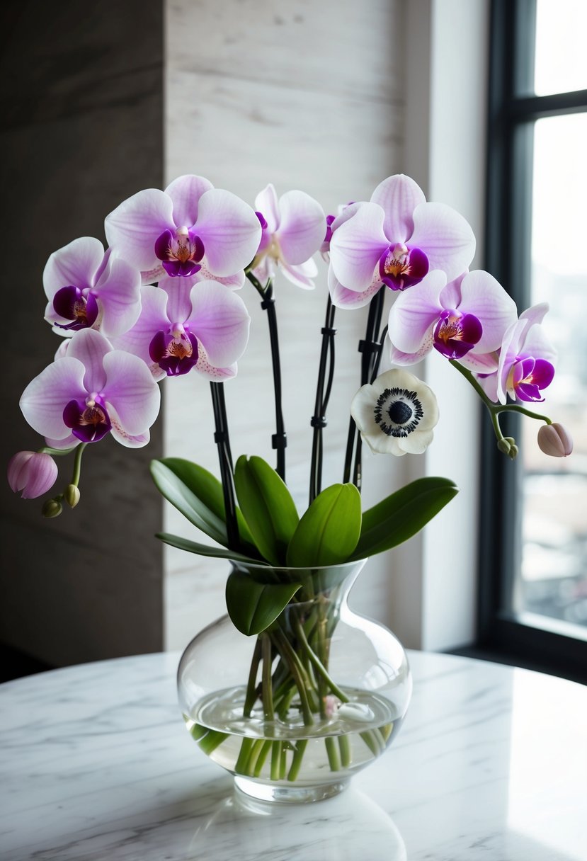 A delicate bouquet of orchids and anemones in a clear glass vase on a white marble table