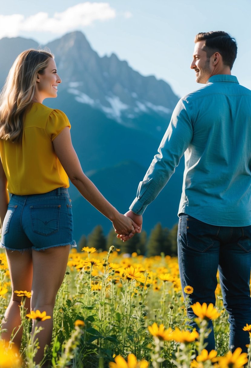 A couple standing in a field of wildflowers, holding hands and gazing at each other with a mountain backdrop