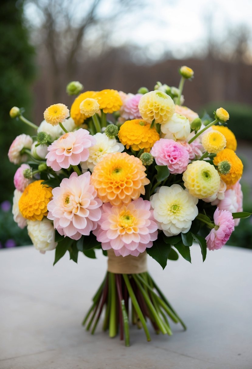 A bouquet of ranunculus and dahlias arranged in a simple, elegant style