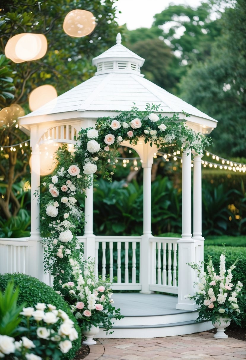 A lush garden with elegant floral arrangements, a white gazebo, and twinkling lights for a classy wedding venue