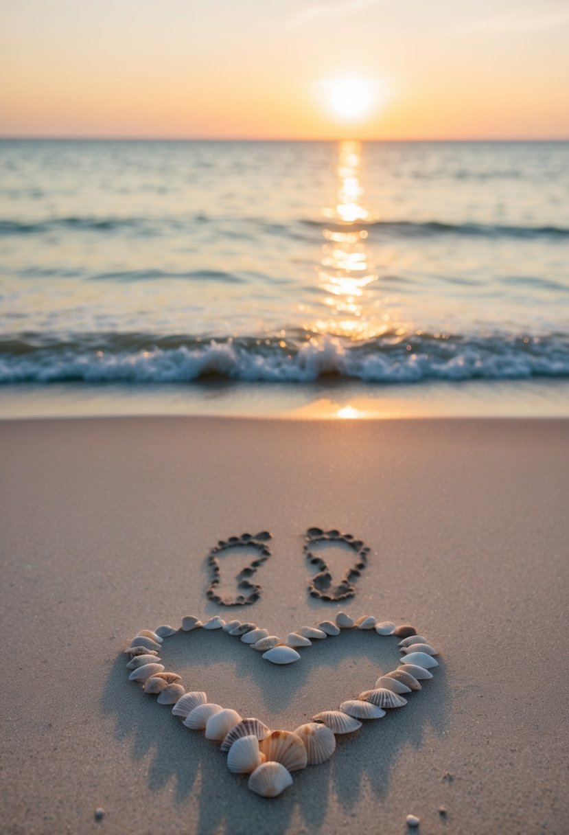 A couple's footprints in the sand lead to a heart drawn with seashells. The sun sets over the calm ocean, casting a warm glow on the beach