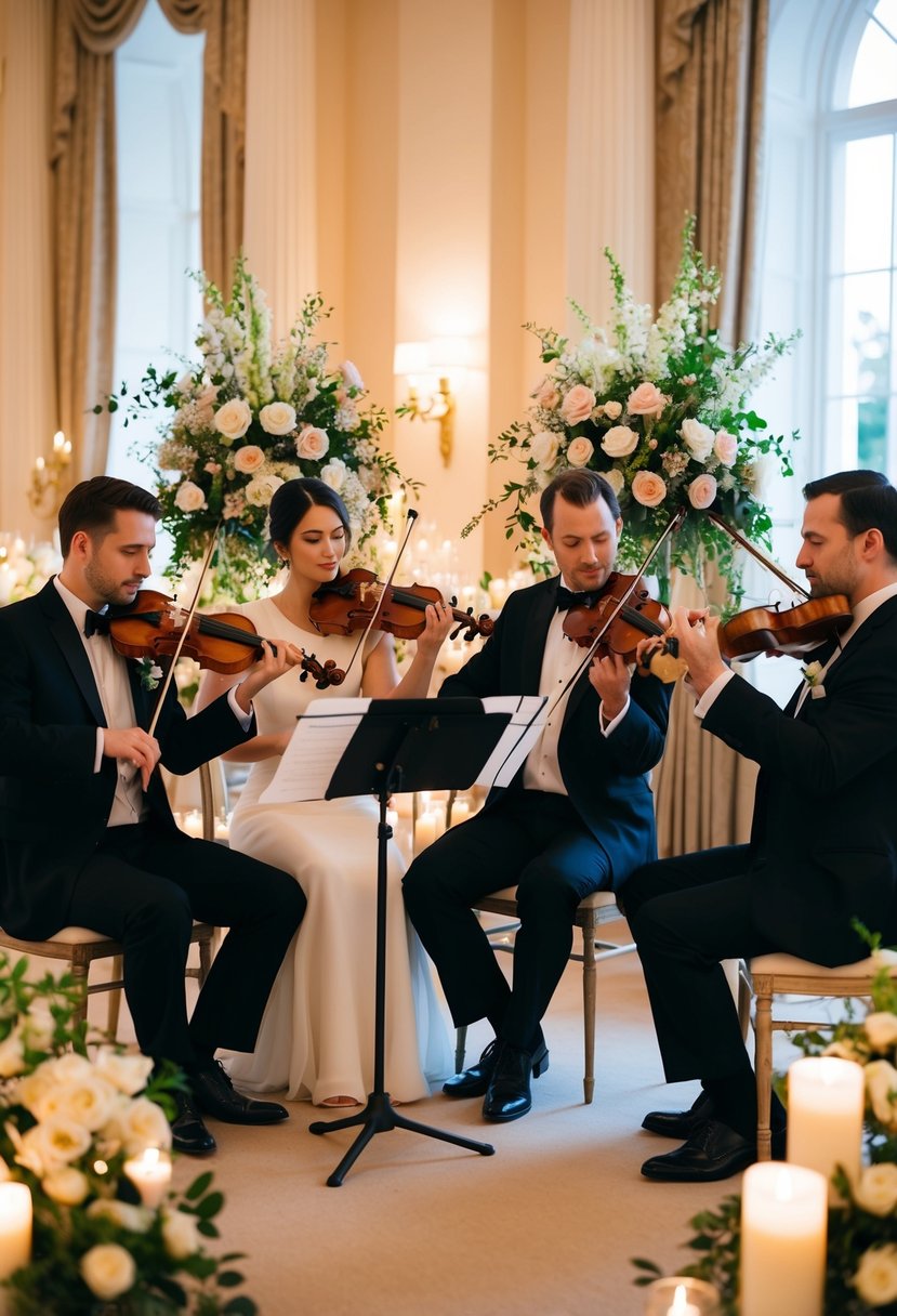 A live string quartet performs at an elegant wedding, surrounded by tasteful floral arrangements and soft candlelight