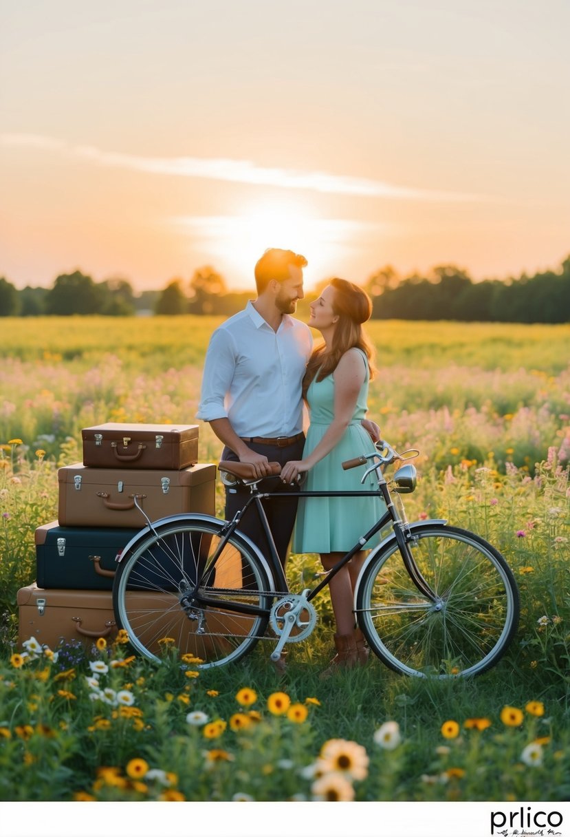 A couple stands in a field of wildflowers, surrounded by vintage suitcases and a classic bicycle. The sun sets behind them, casting a warm glow over the scene