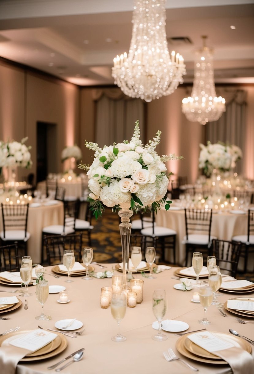 A champagne-colored wedding reception with ivory floral centerpieces and elegant place settings