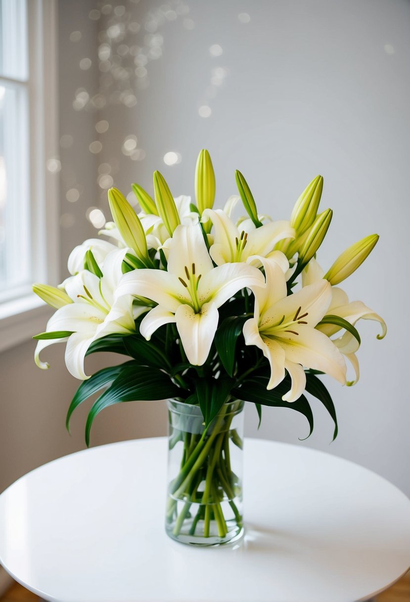 A simple white lily bouquet sits on a clean, white table