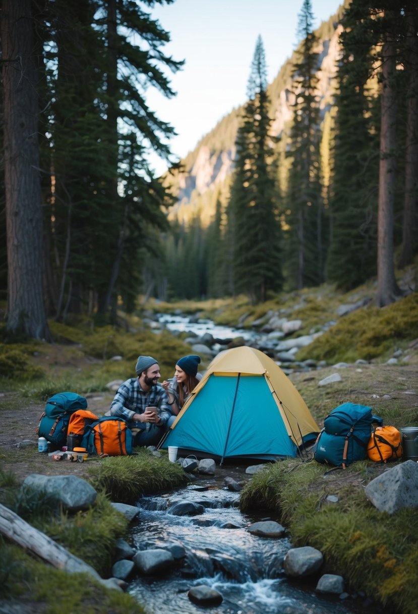 A couple's camping gear scattered in a clearing, surrounded by towering trees and a bubbling stream