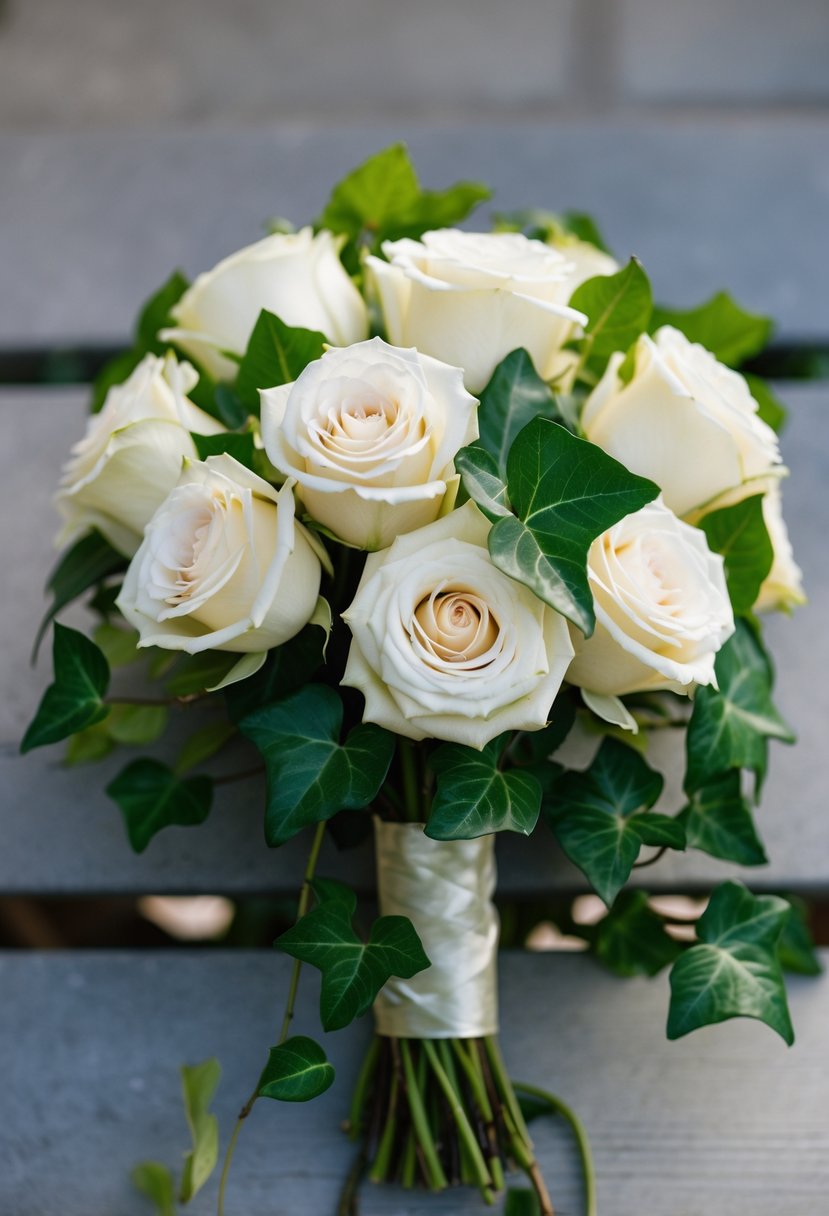 A bunch of classic roses intertwined with ivy, creating a simple and elegant wedding bouquet