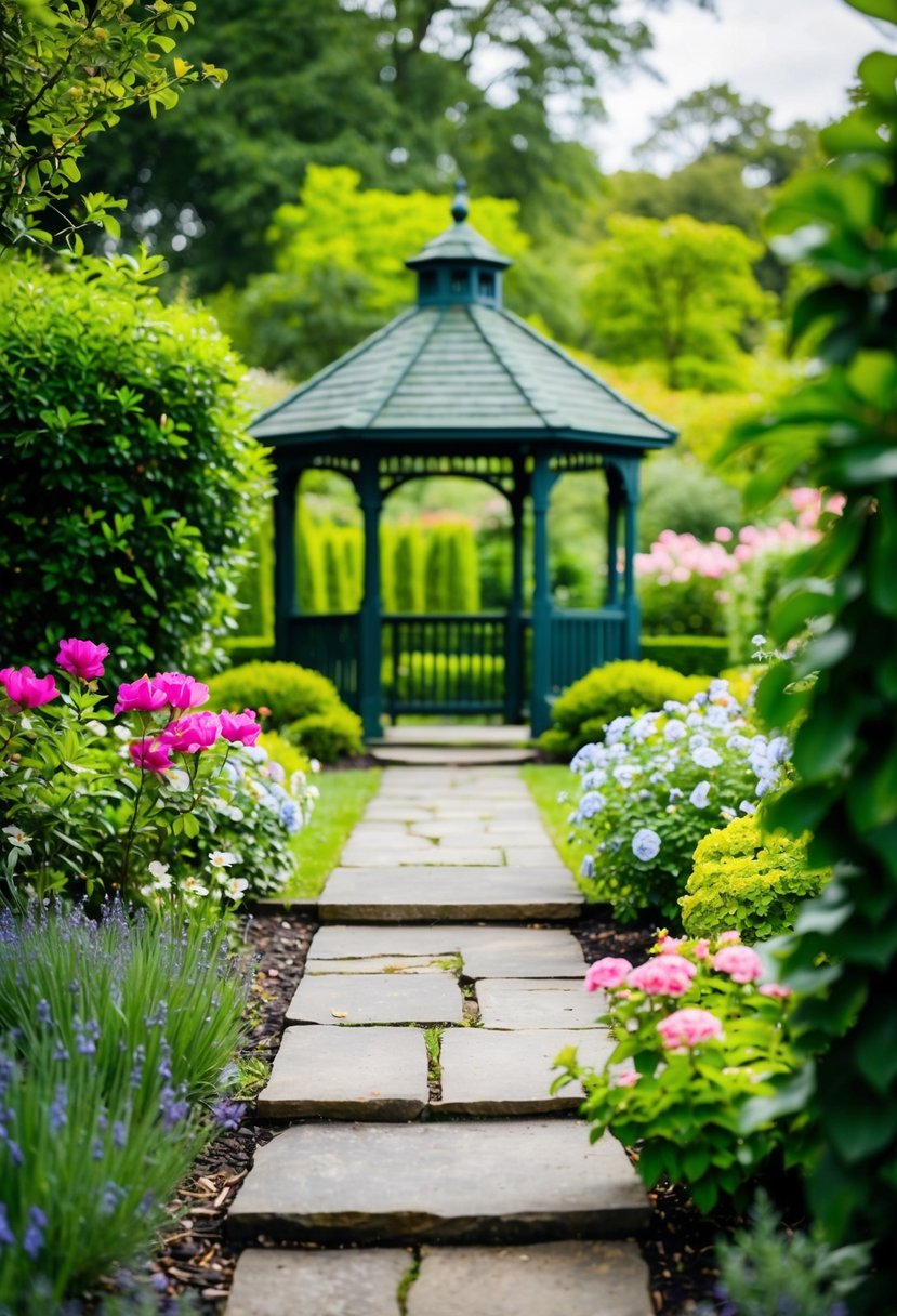 A lush garden with a stone pathway, blooming flowers, and a charming gazebo surrounded by greenery