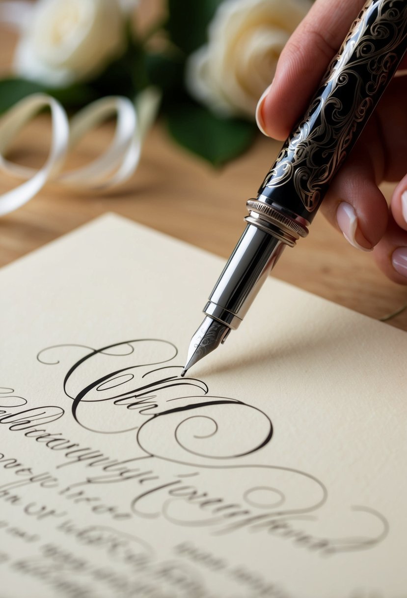 A elegant calligraphy pen glides across creamy paper, creating ornate swirls and loops for a wedding invitation