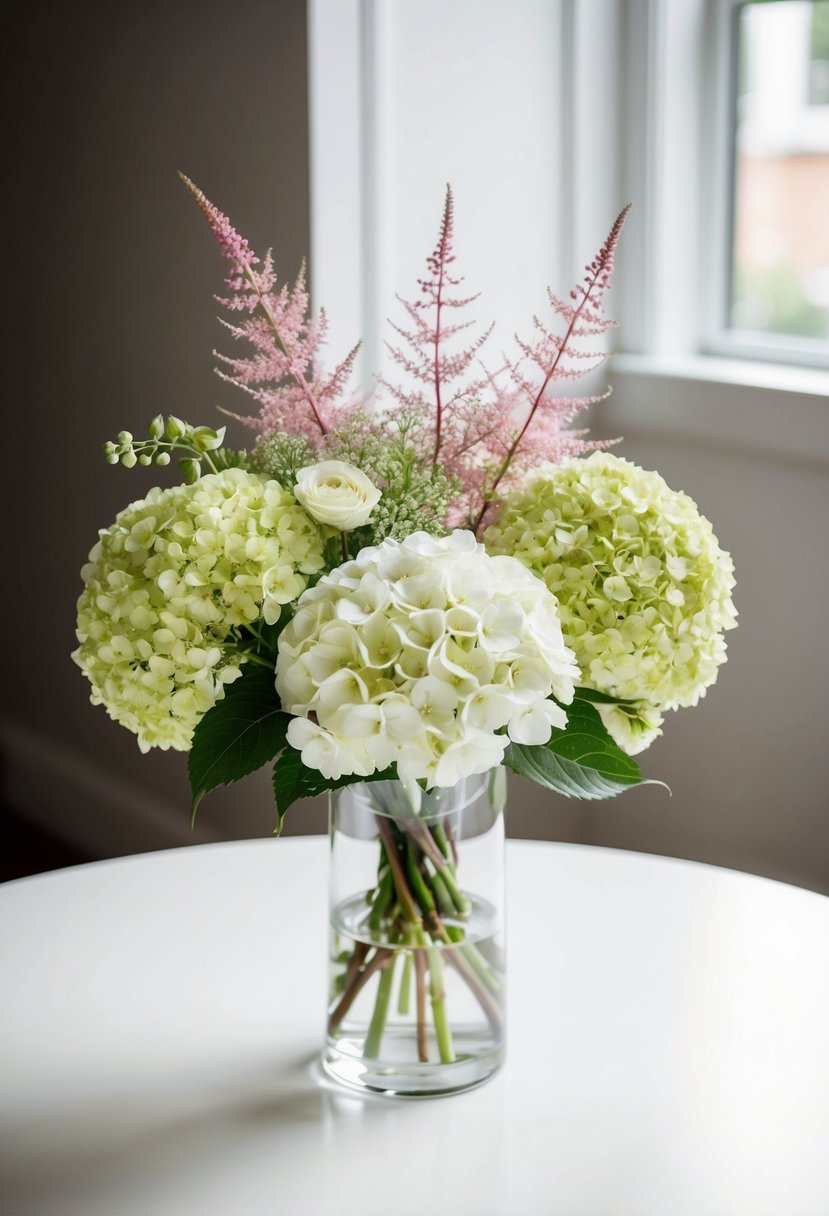 A simple, elegant bouquet of hydrangeas and astilbe, arranged in a clear glass vase on a white table