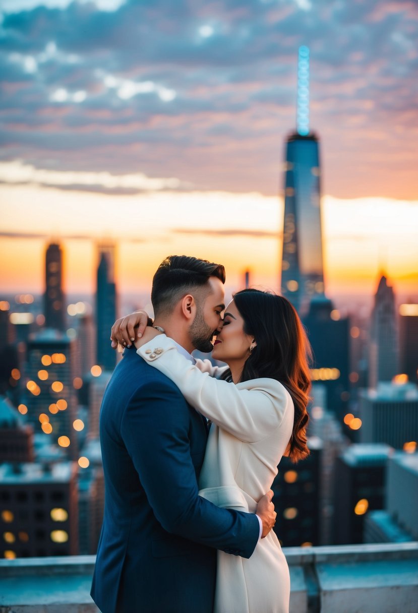 A couple embraces on a city rooftop at sunset, with a panoramic view of skyscrapers and twinkling city lights in the background