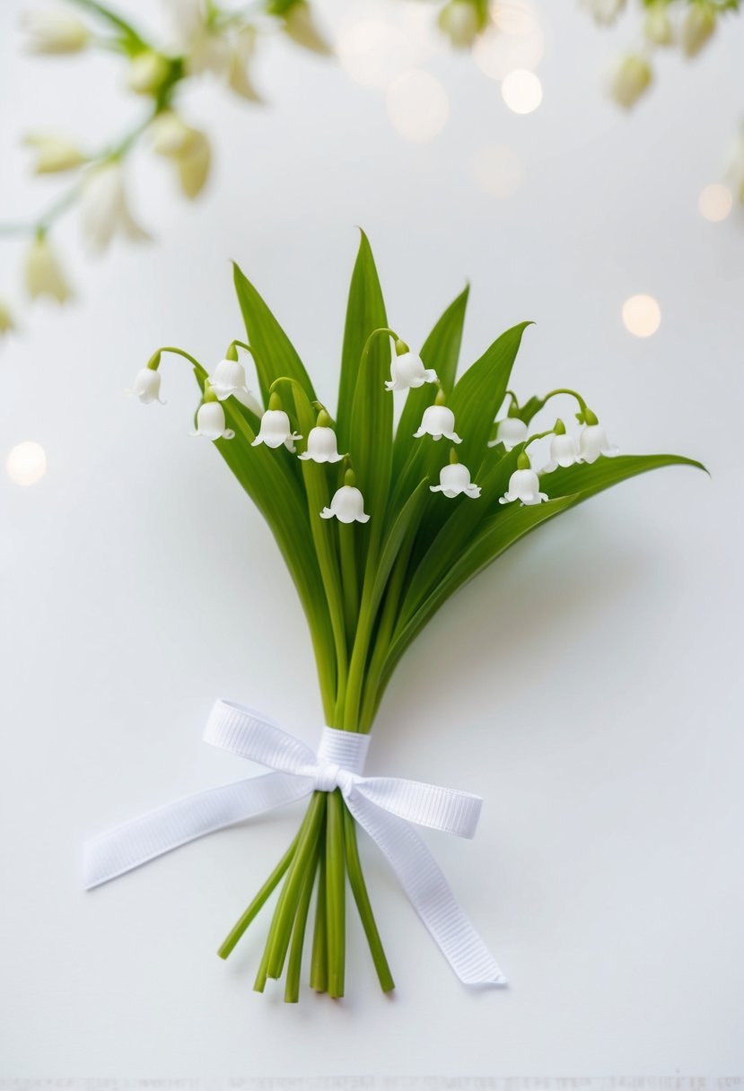 A small, delicate bouquet of lily of the valley tied with a simple ribbon, set against a clean, white background