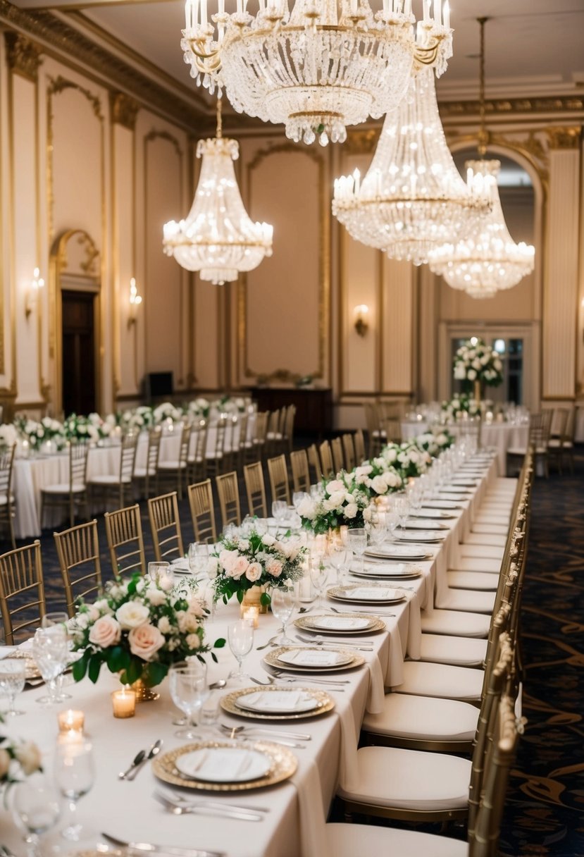 A grand ballroom adorned with chandeliers and ornate decor. A long banquet table set with fine china and crystal glassware. Bouquets of fresh flowers and elegant place settings