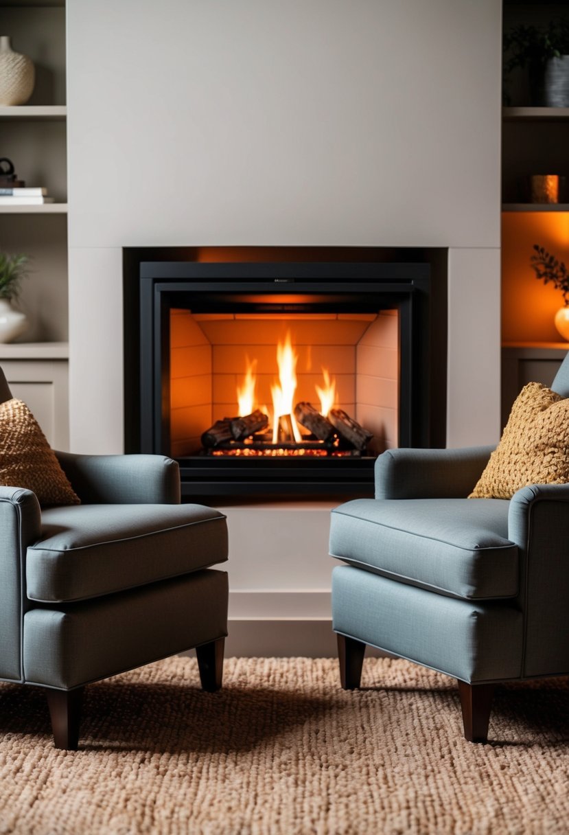 A crackling fireplace with two armchairs, a warm rug, and soft lighting