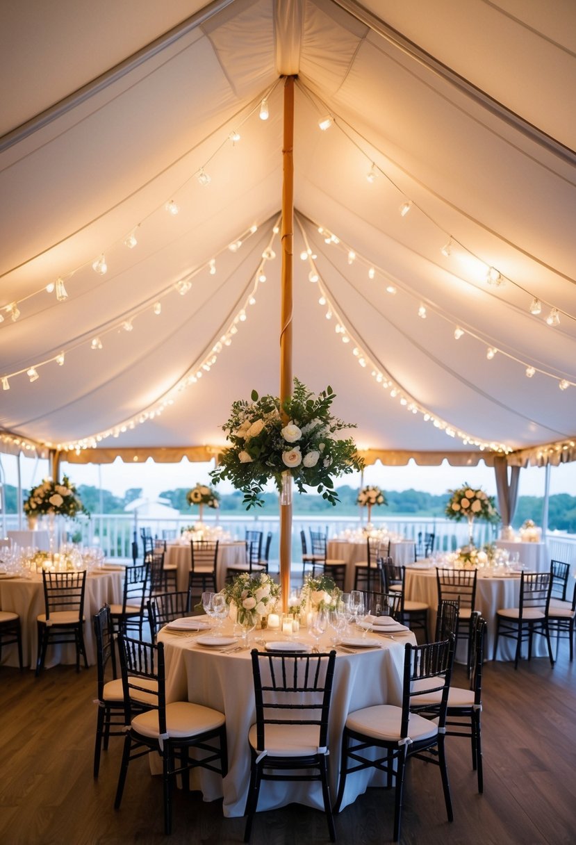 A sailcloth tent set up for a classy wedding reception, with elegant decor and soft lighting creating a romantic and sophisticated atmosphere