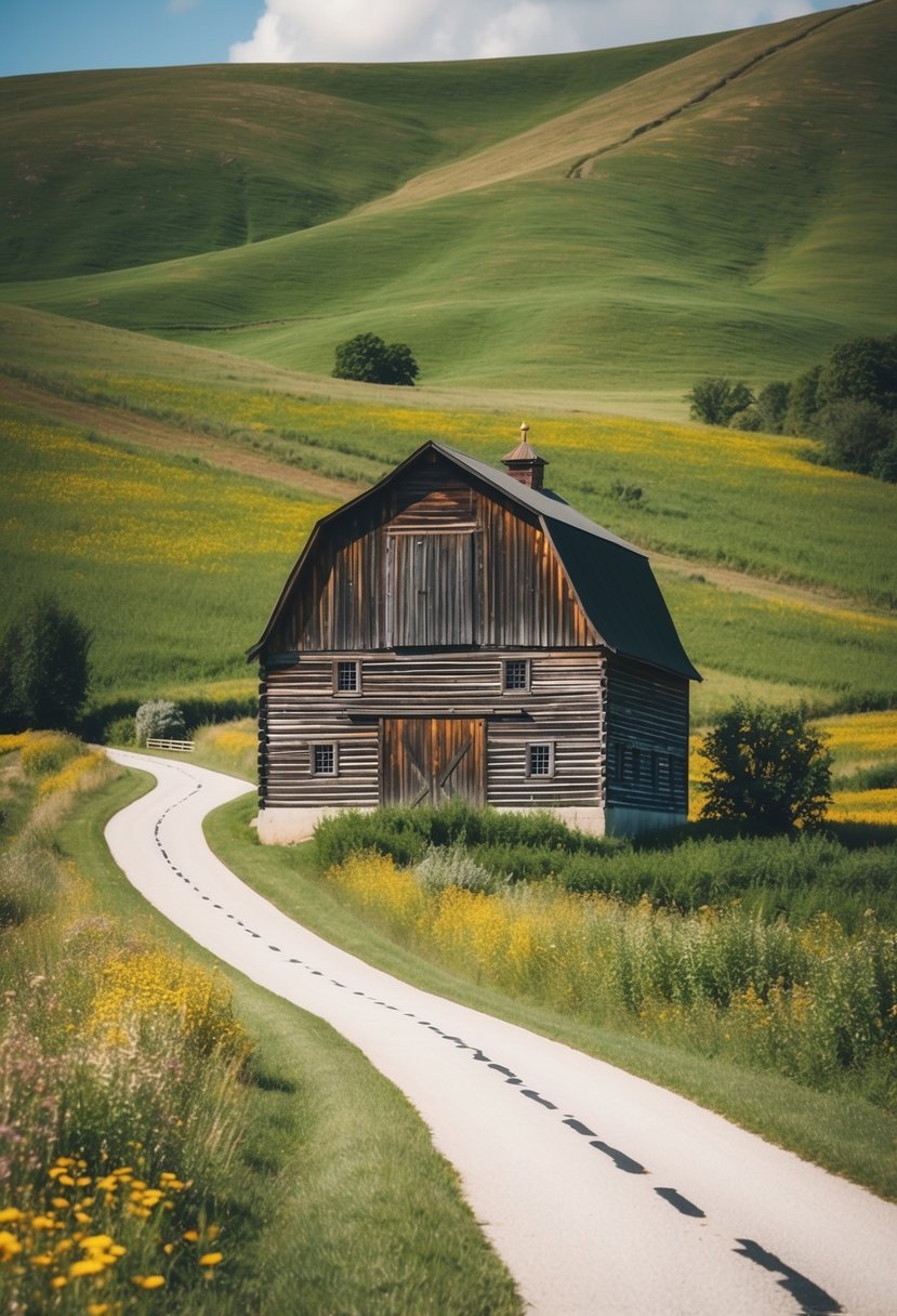 A quaint wooden barn surrounded by rolling hills, wildflowers, and a winding country road