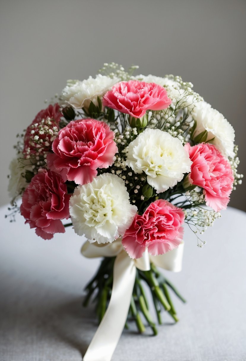 A bouquet of pink and white carnations mixed with delicate baby’s breath, tied with a satin ribbon