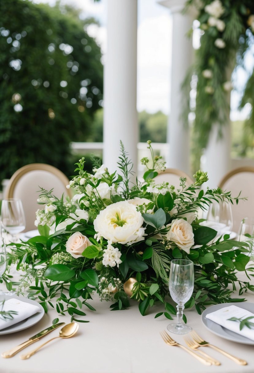 A elegant wedding table adorned with lush greenery and delicate floral arrangements