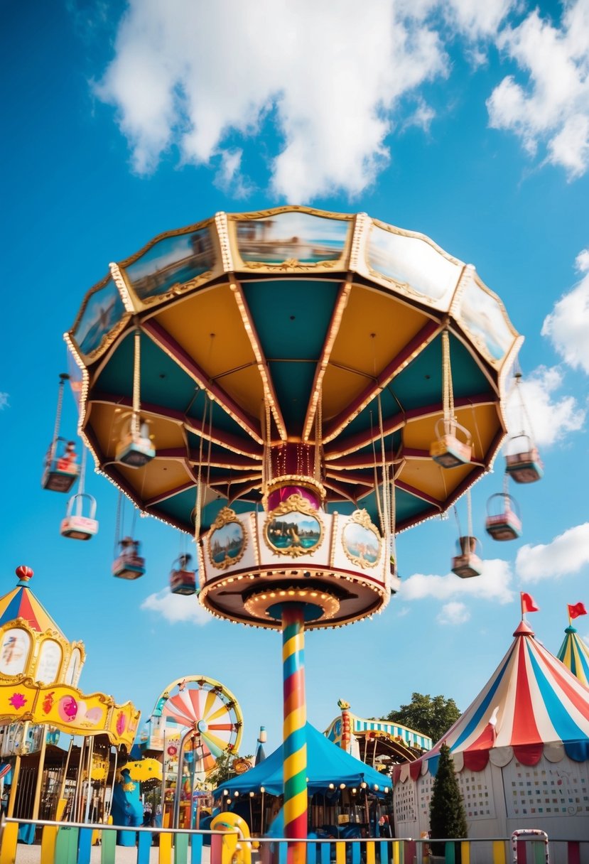 A colorful carousel spinning against a bright blue sky, surrounded by whimsical carnival games and festive decorations