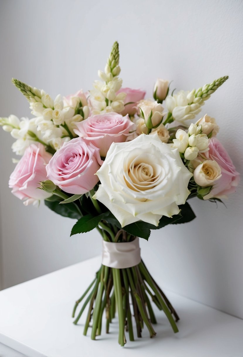 A delicate bouquet of tea roses and lisianthus, arranged in a simple and elegant manner