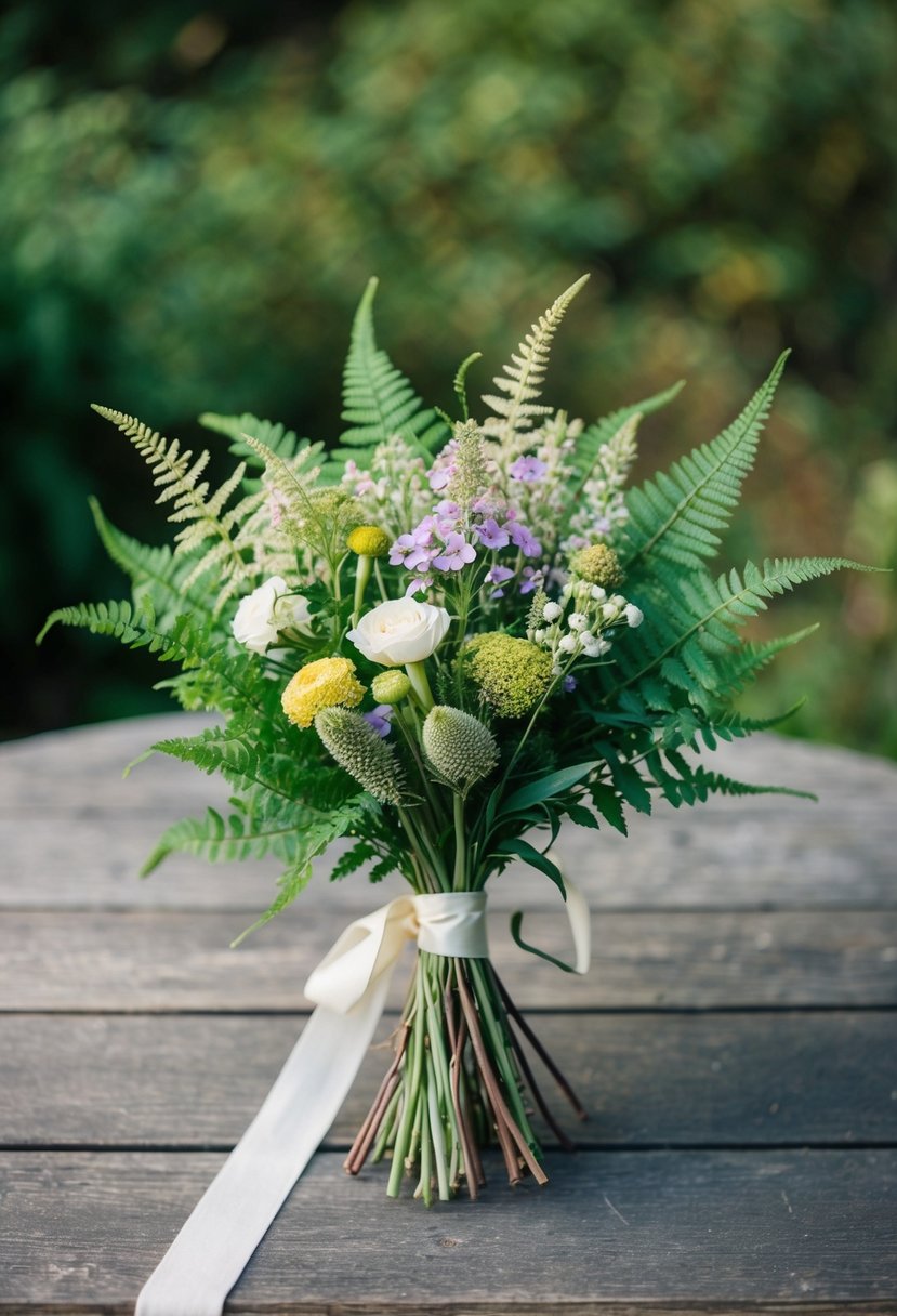 A delicate bouquet of wildflowers and ferns, tied with a simple ribbon, resting on a rustic wooden table